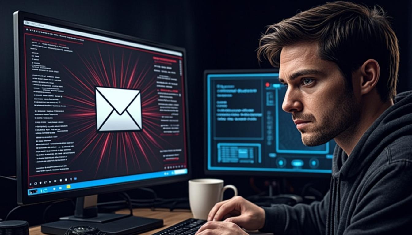 Ilustrasi AI chatbot membuat email phishing realistis dan user yang mendeteksi serangan