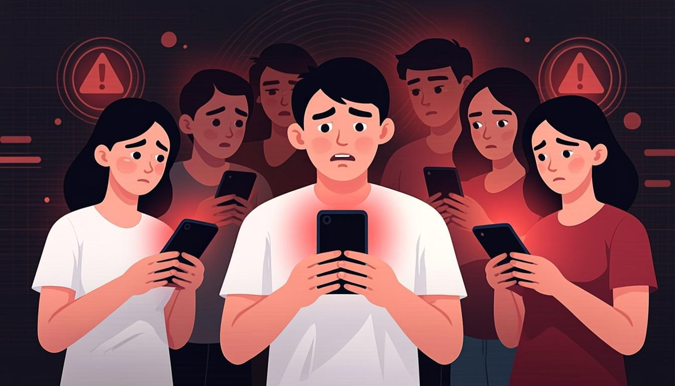 Ilustrasi orang-orang terkejut melihat notifikasi kebocoran data di smartphone mereka