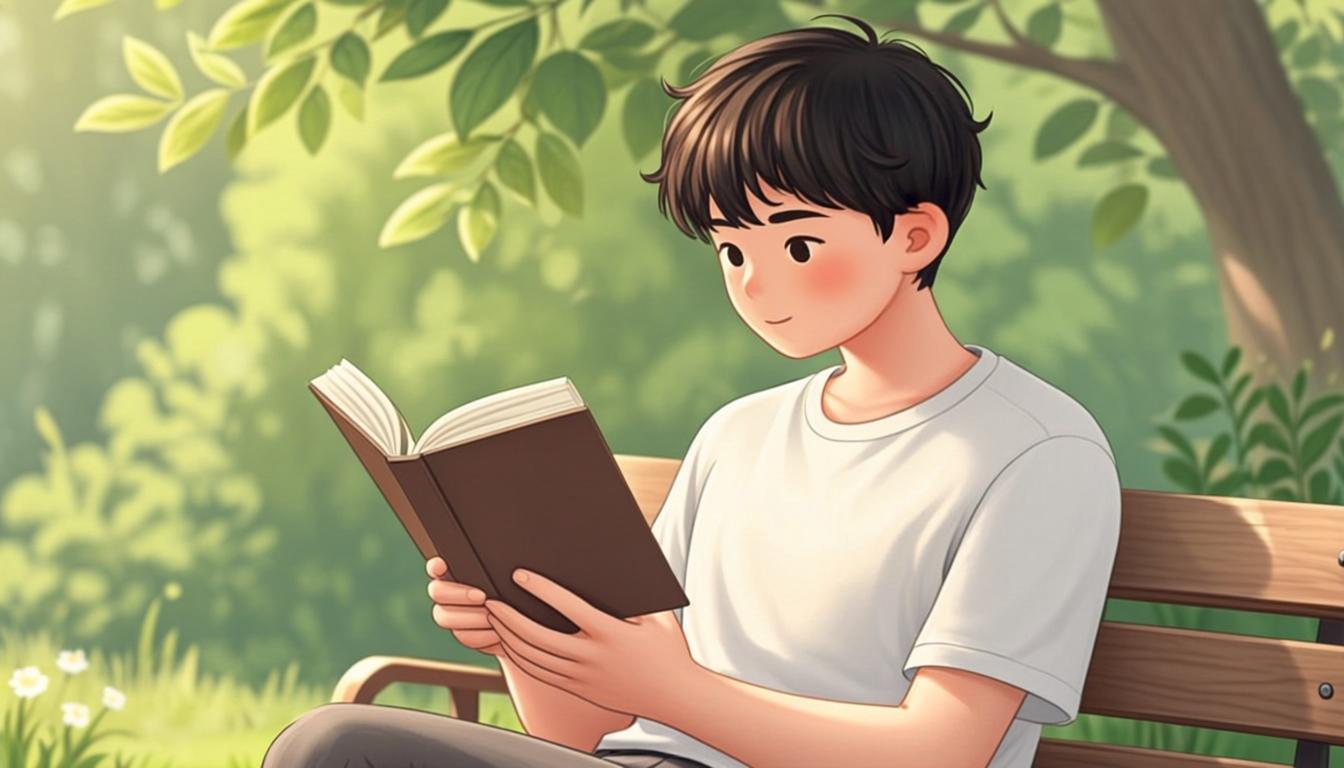 Ilustrasi seseorang membaca buku di taman sementara smartphone terkunci di dalam kotak di sampingnya