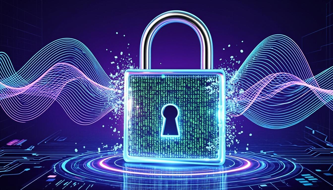 Ilustrasi padlock digital yang terurai oleh gelombang quantum, konsep post-quantum cryptography